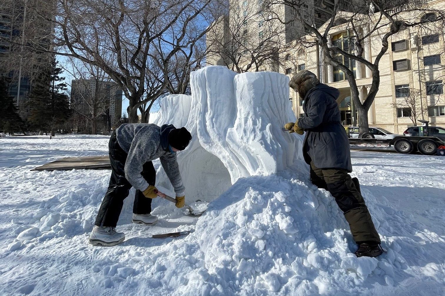 Downtown “SNOWFAS” carved by local artists show Winnipeggers there’s snow place like home