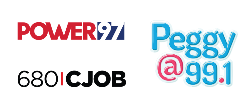 Logos for three Winnipeg radio stations Power 97, 680 CJOB and 99.1 Peggy