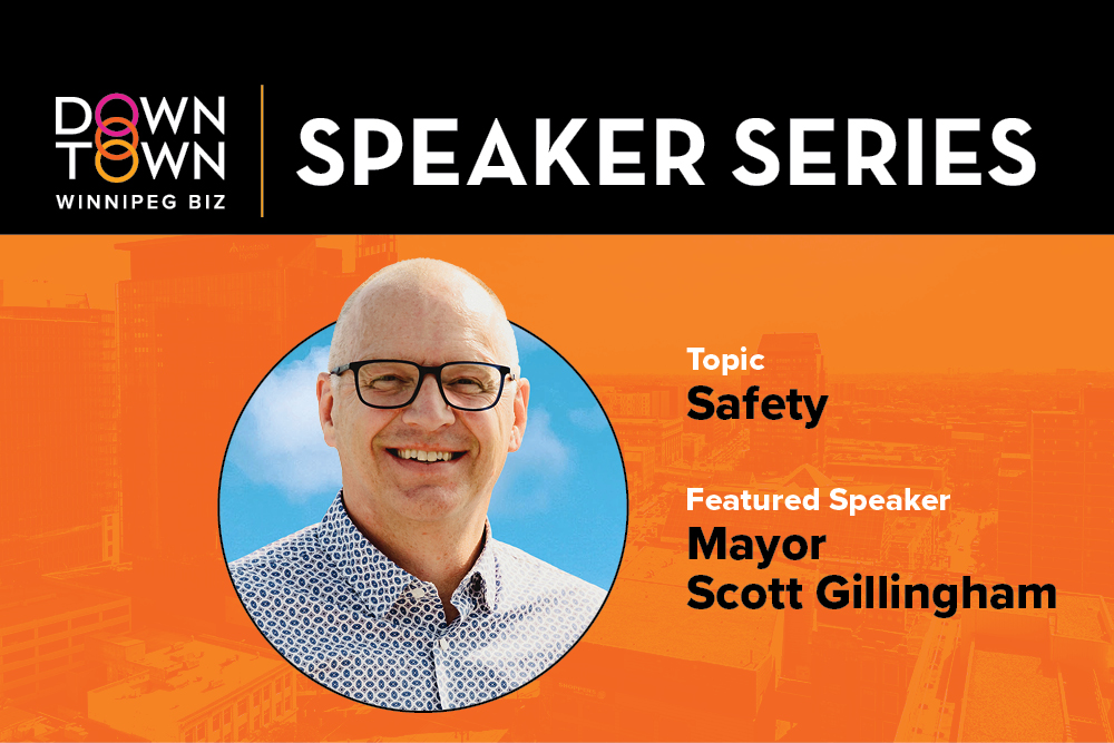 Speakers Series header featuring an image a Mayor Scott Gillingham