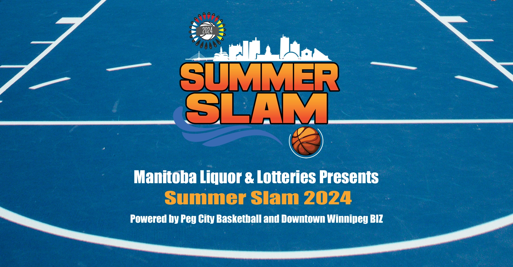 Summer Slam 2024 Basketball logo on blue basketball court background