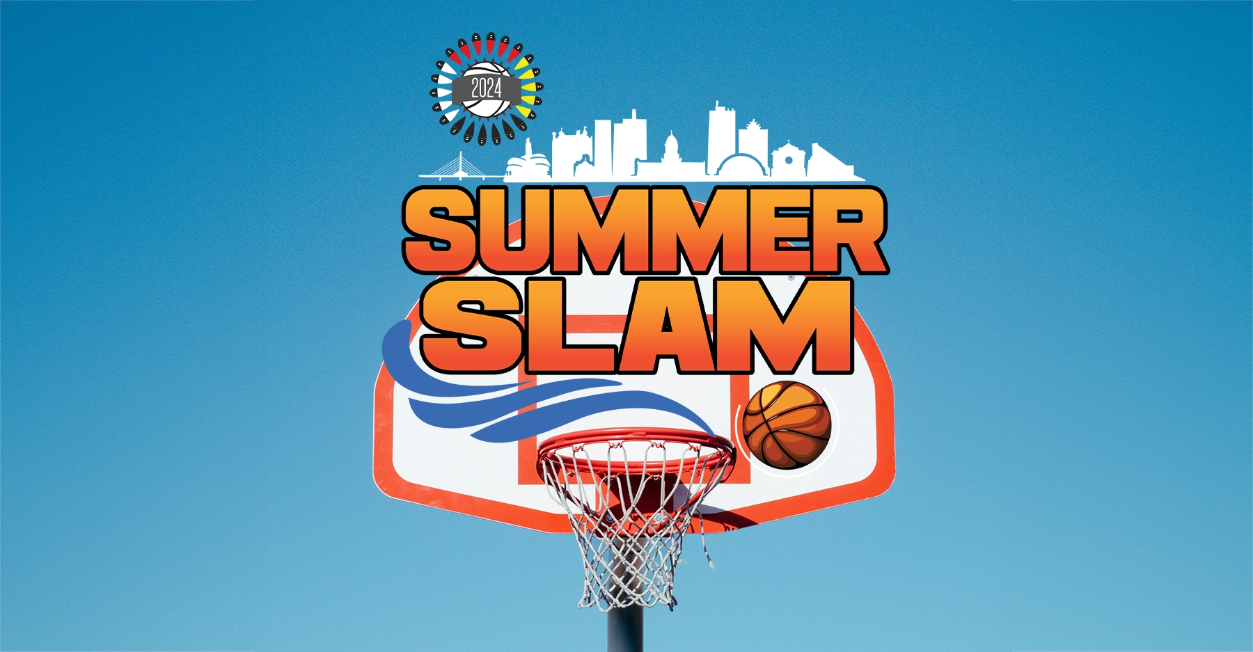 basketball hoop on a sunny cloudless day with Summer Slam logo